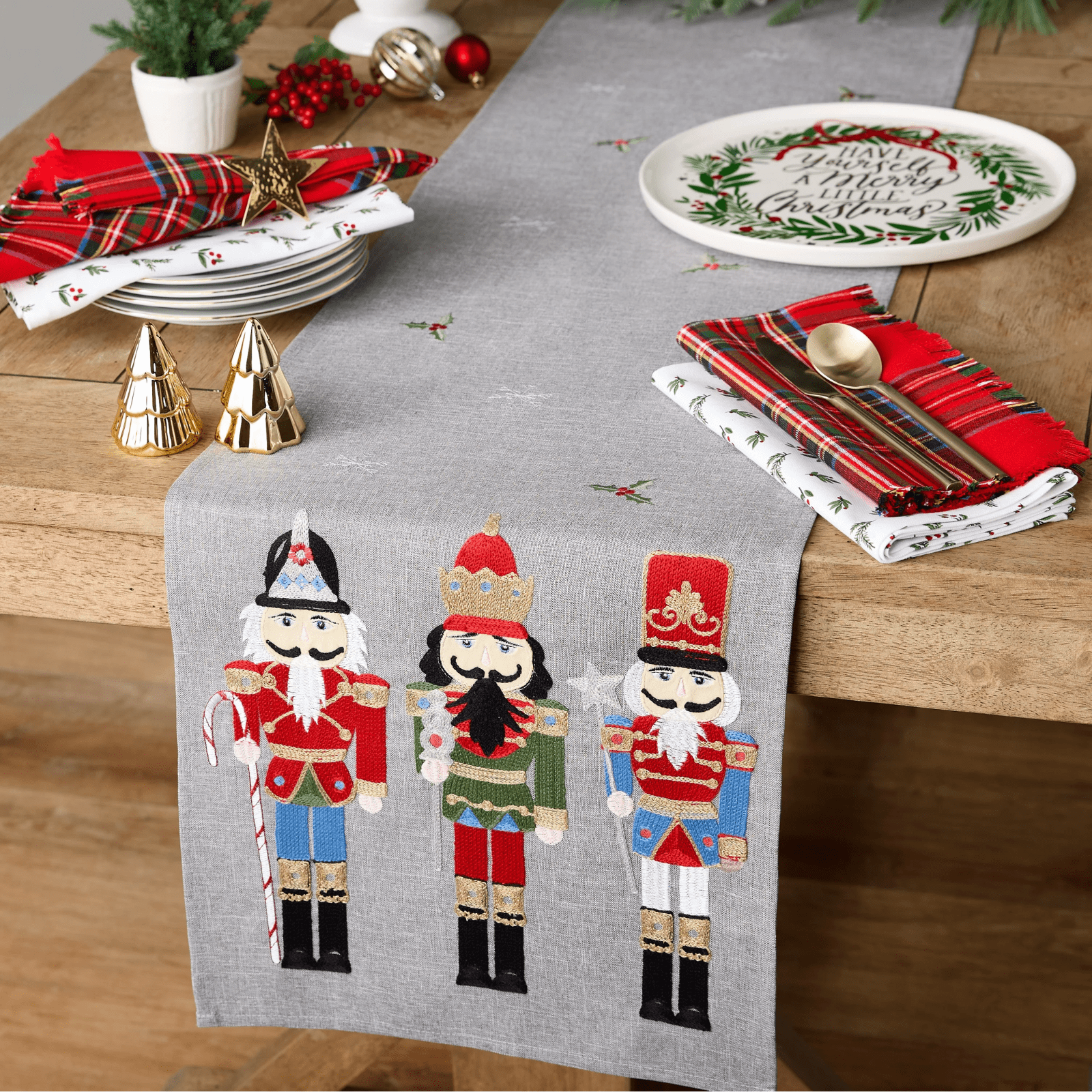Design Imports Holiday Nutcrackers Embroidered Table Runner