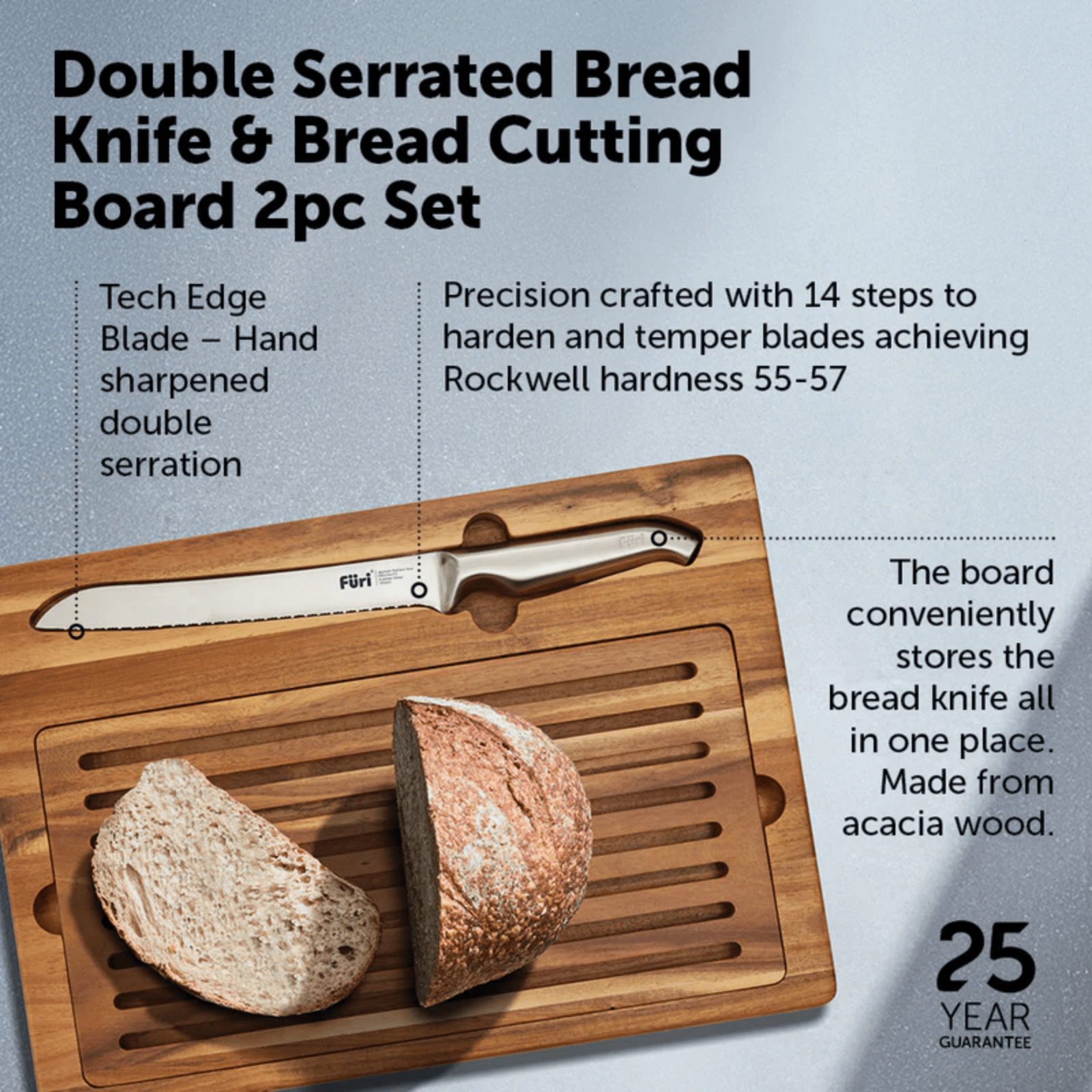 Furi Pro Double Serrated Bread Knife & Bread Cutting Board Set 2-Piece