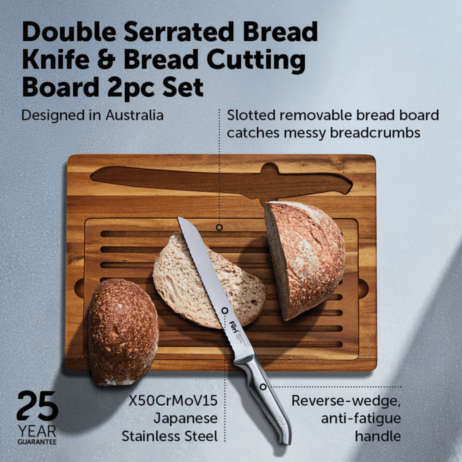 Furi Pro Double Serrated Bread Knife & Bread Cutting Board Set 2-Piece