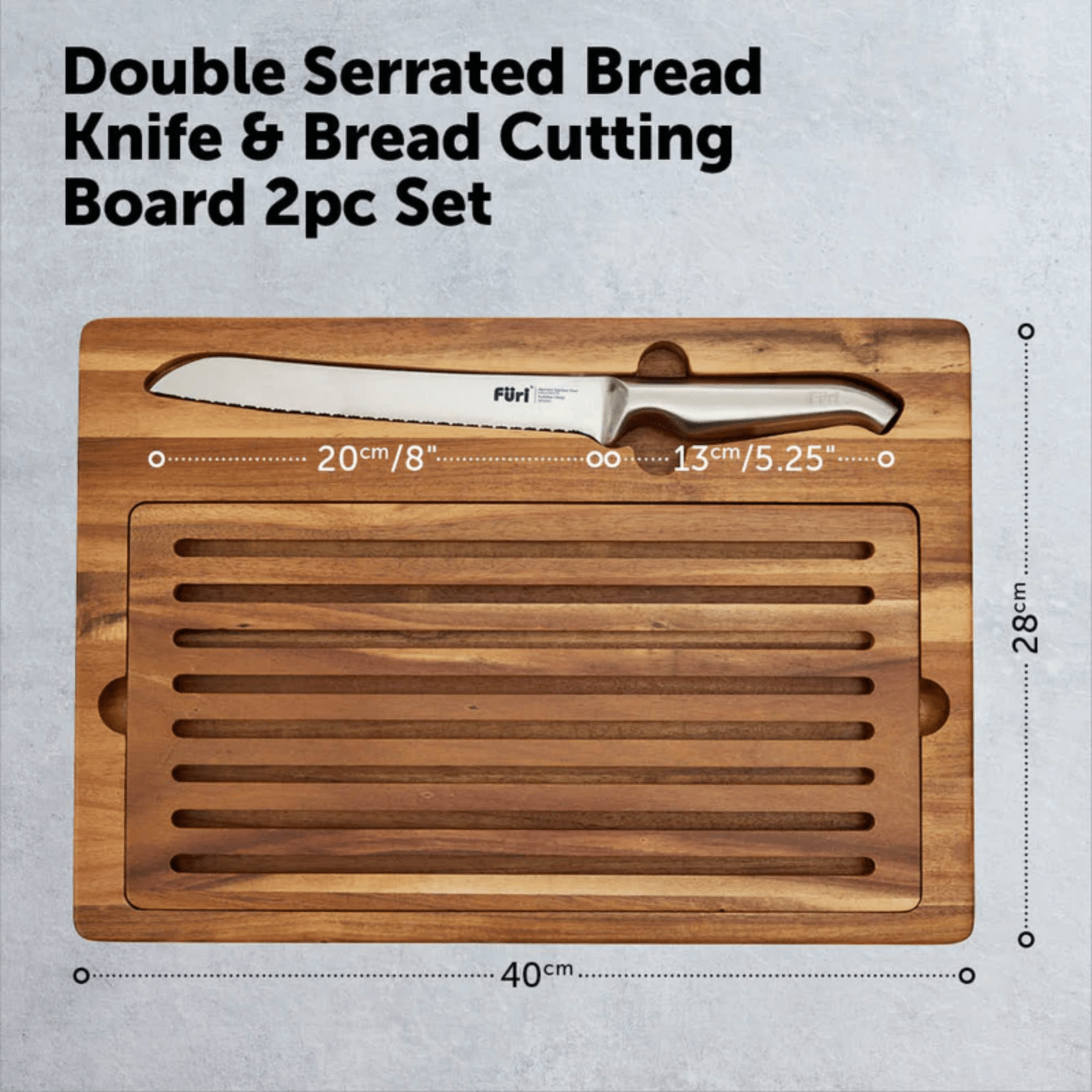 Furi Pro Double Serrated Bread Knife & Bread Cutting Board Set 2-Piece