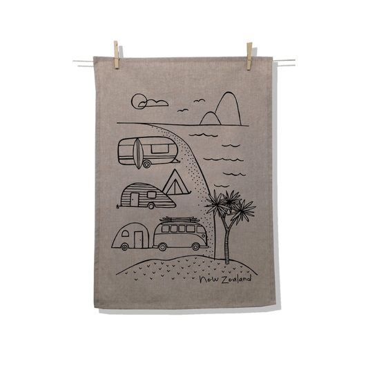 Karen Design Tea Towel Natural 'NZ Camping' The Homestore Auckland