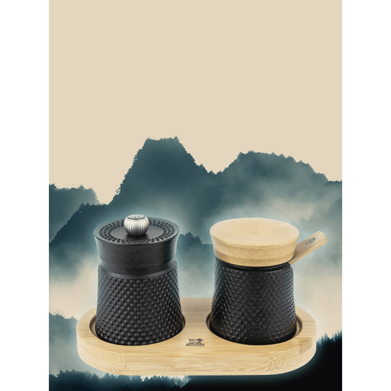 Peugeot Bali Fonte Cast Iron Black Pepper Mill 8cm + Salt Cellar + Tray Gift Set