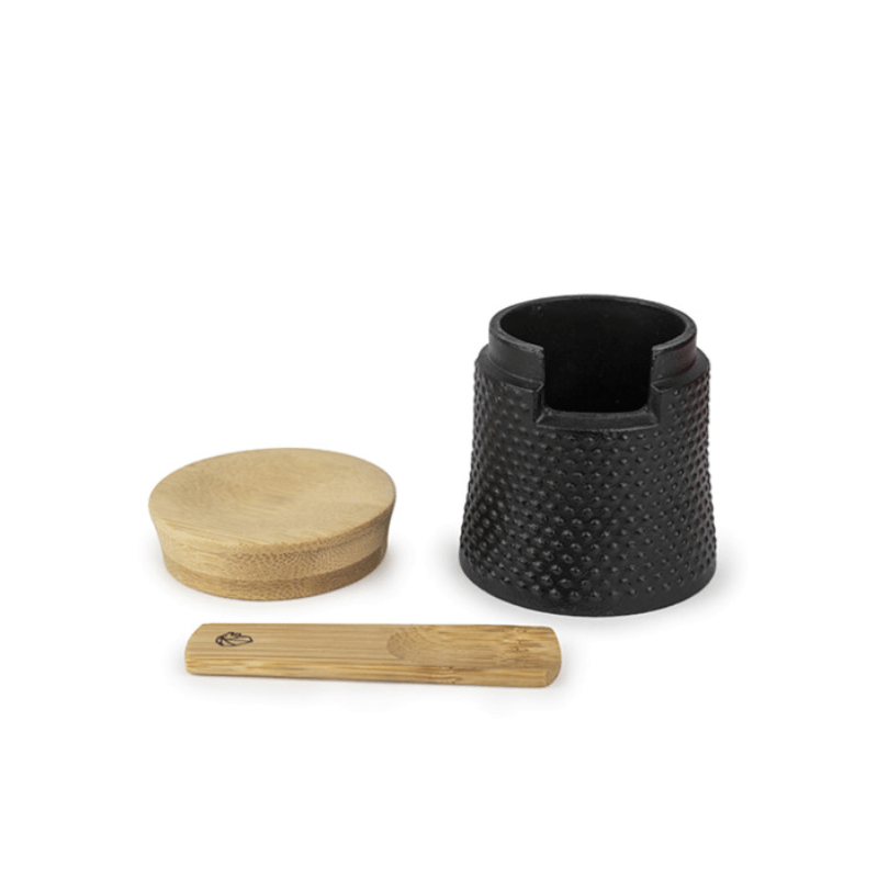 Peugeot Bali Fonte Cast Iron Black Pepper Mill 8cm + Salt Cellar + Tray Gift Set