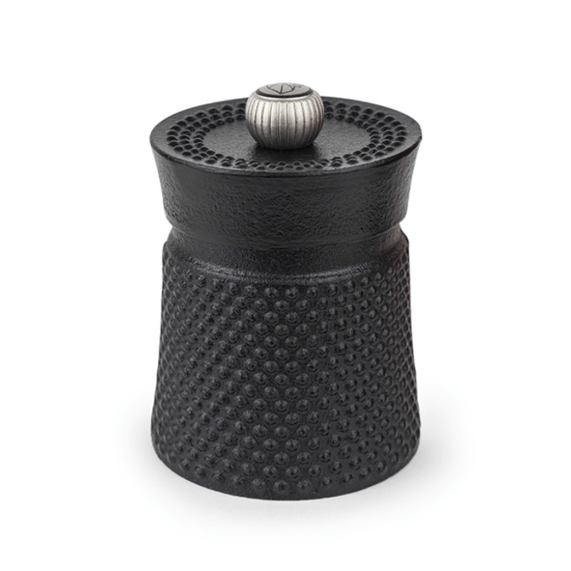 Peugeot Bali Fonte Cast Iron Black Pepper Mill 8cm + Salt Cellar + Tray Gift Set