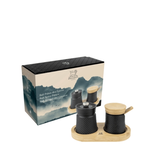Peugeot Bali Fonte Cast Iron Black Pepper Mill 8cm + Salt Cellar + Tray Gift Set The Homestore Auckland