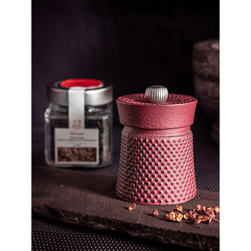 Peugeot Bali Fonte Cast Iron Red Pepper Mill 8cm +  Szechuan Pepper Gift Set