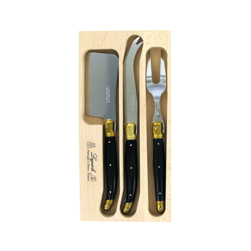 Andre Verdier Laguiole Debutant Cheese Fork Set of 3 Black & Brass