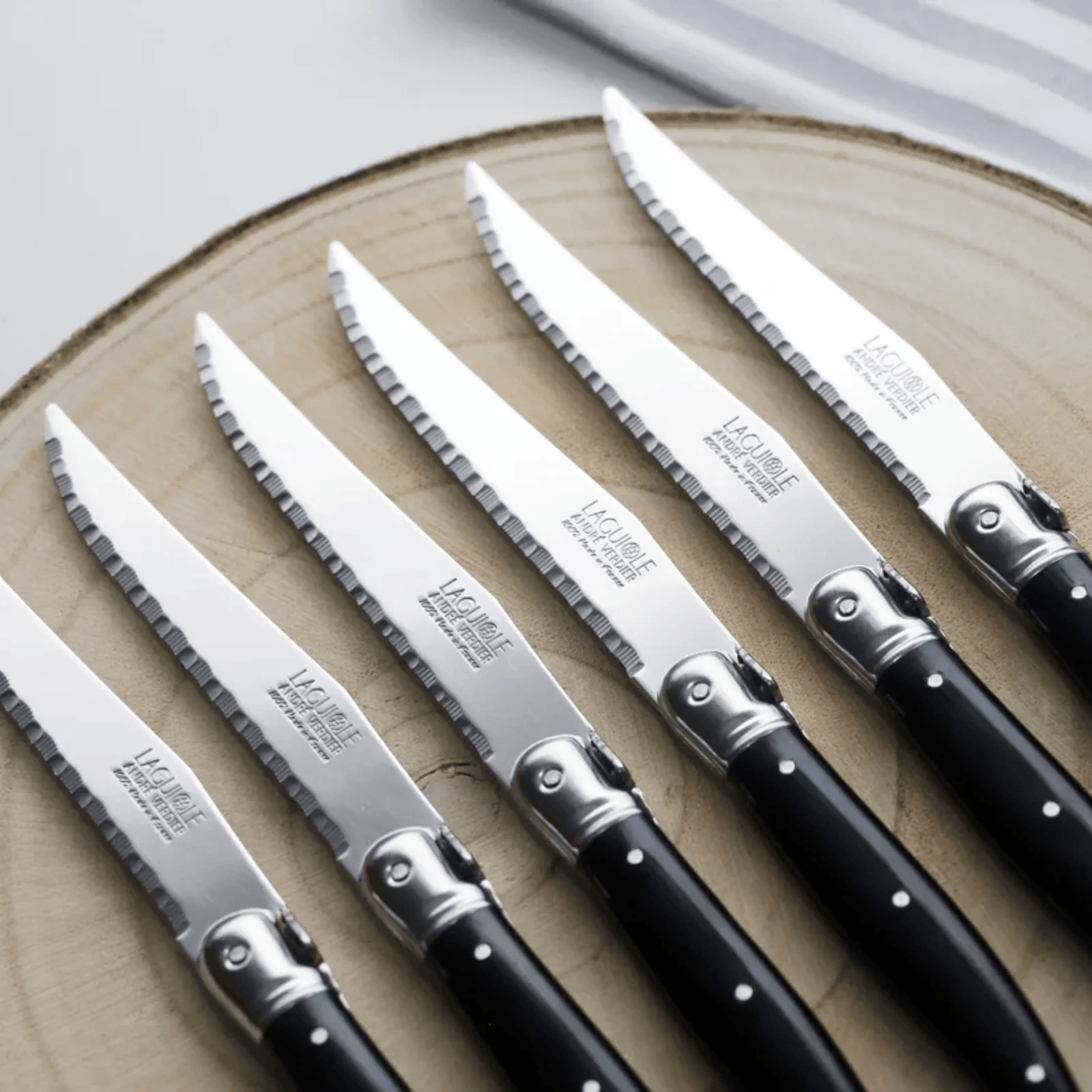 Andre Verdier Laguiole Debutant Country Steak Knife Block Set of 6 Toasted Oak