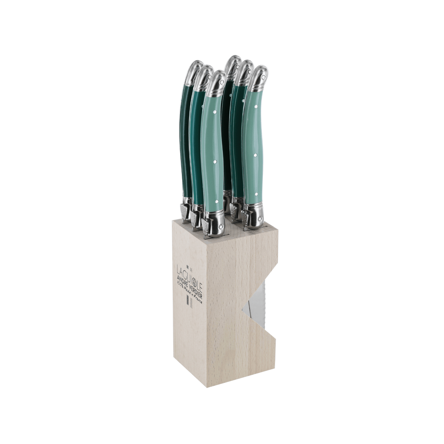 Andre Verdier Laguiole Debutant Steak Knife Block Set of 6 Forest Green