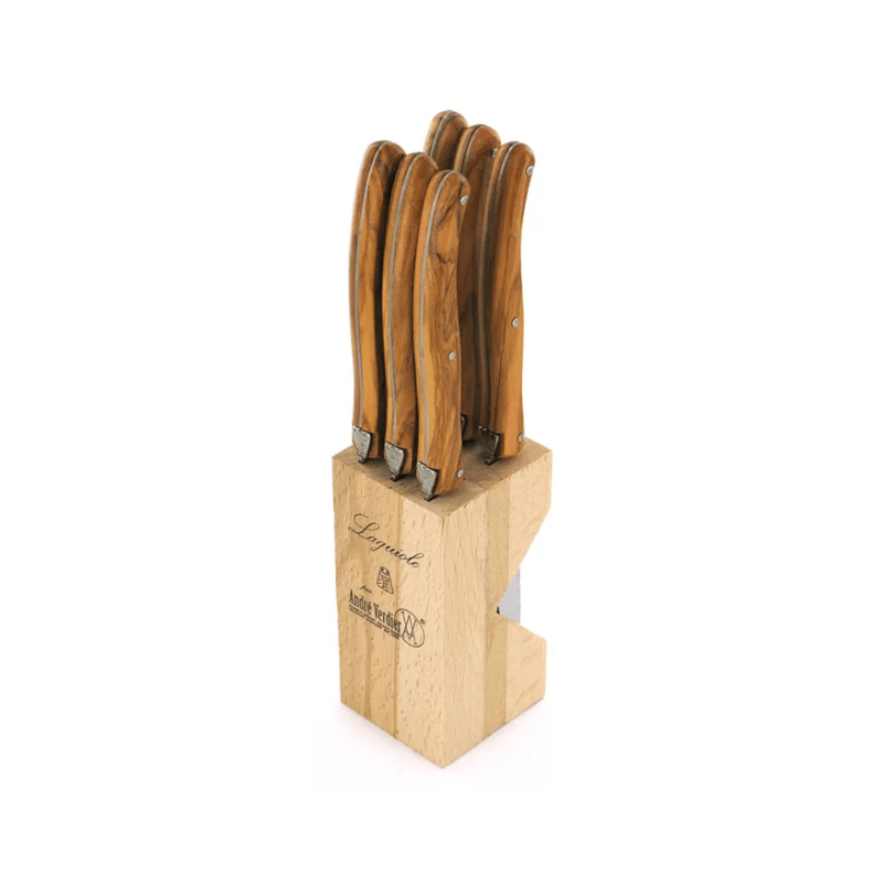 Andre Verdier Laguiole Debutant Steak Knife Block Set of 6 Olive Wood