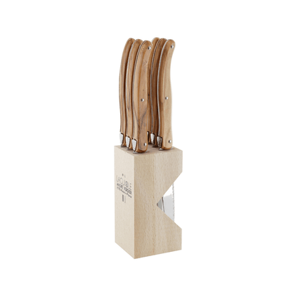 Andre Verdier Laguiole Debutant Steak Knife Block Set of 6 Olive Wood