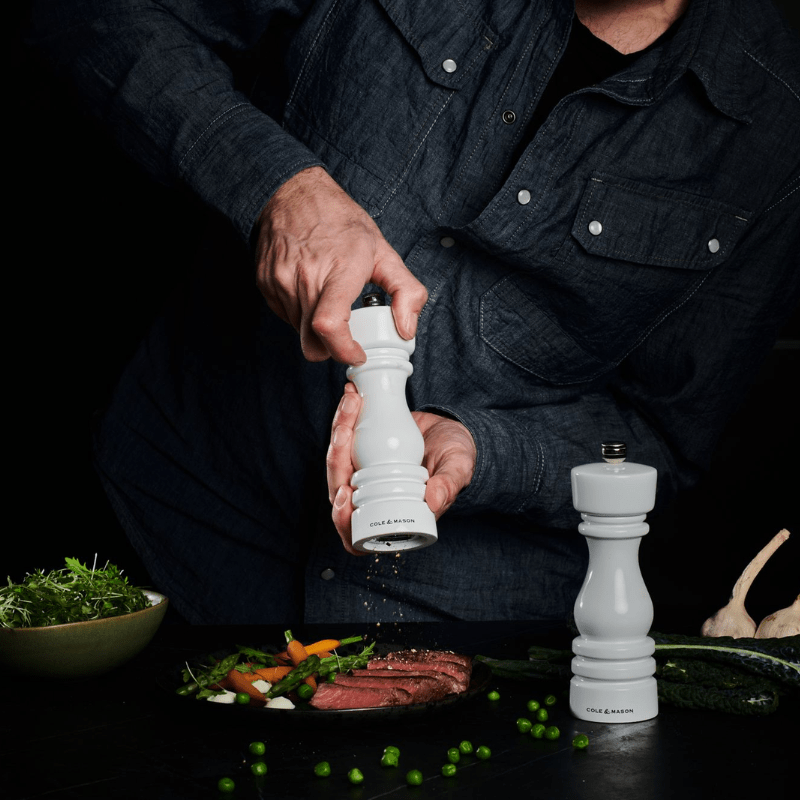 Cole & Mason London White Gloss Salt & Pepper Mill 18cm Set of 2 The Homestore Auckland