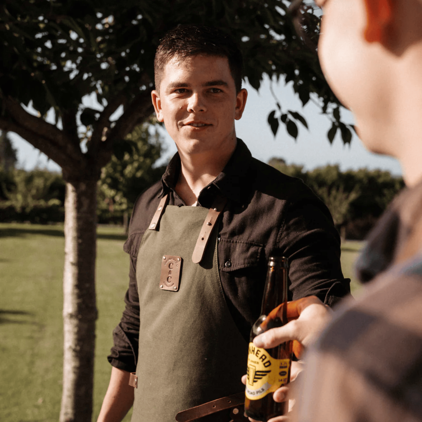 Coral & Cam Canvas Apron Olive Green with Leather Trims