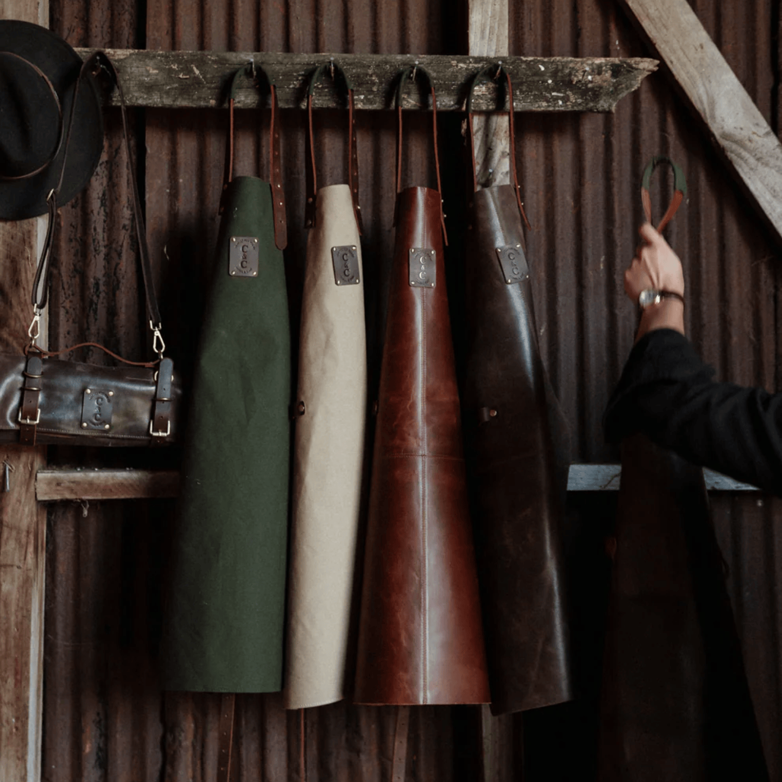 Coral & Cam Canvas Apron Olive Green with Leather Trims