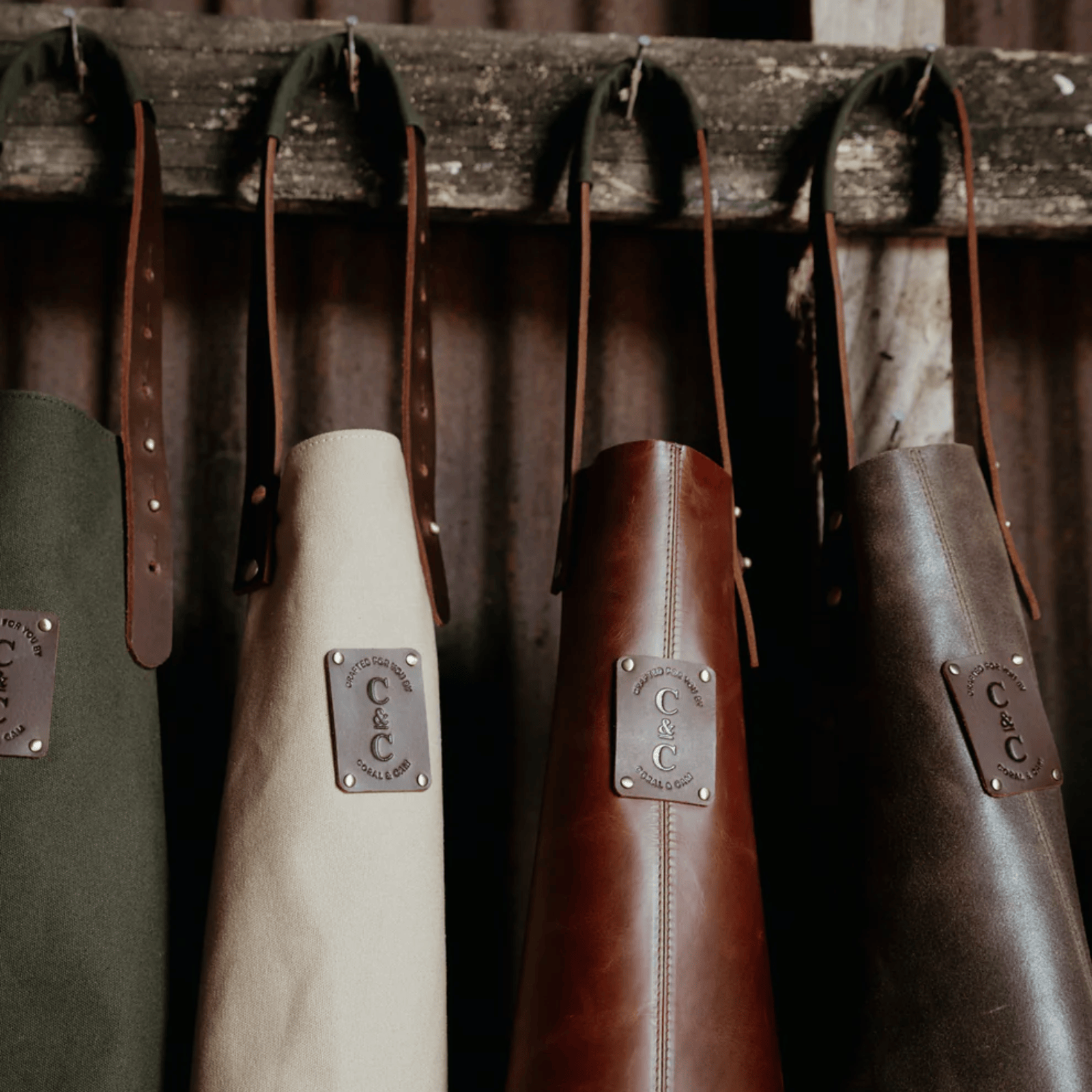 Coral & Cam Canvas Apron Olive Green with Leather Trims