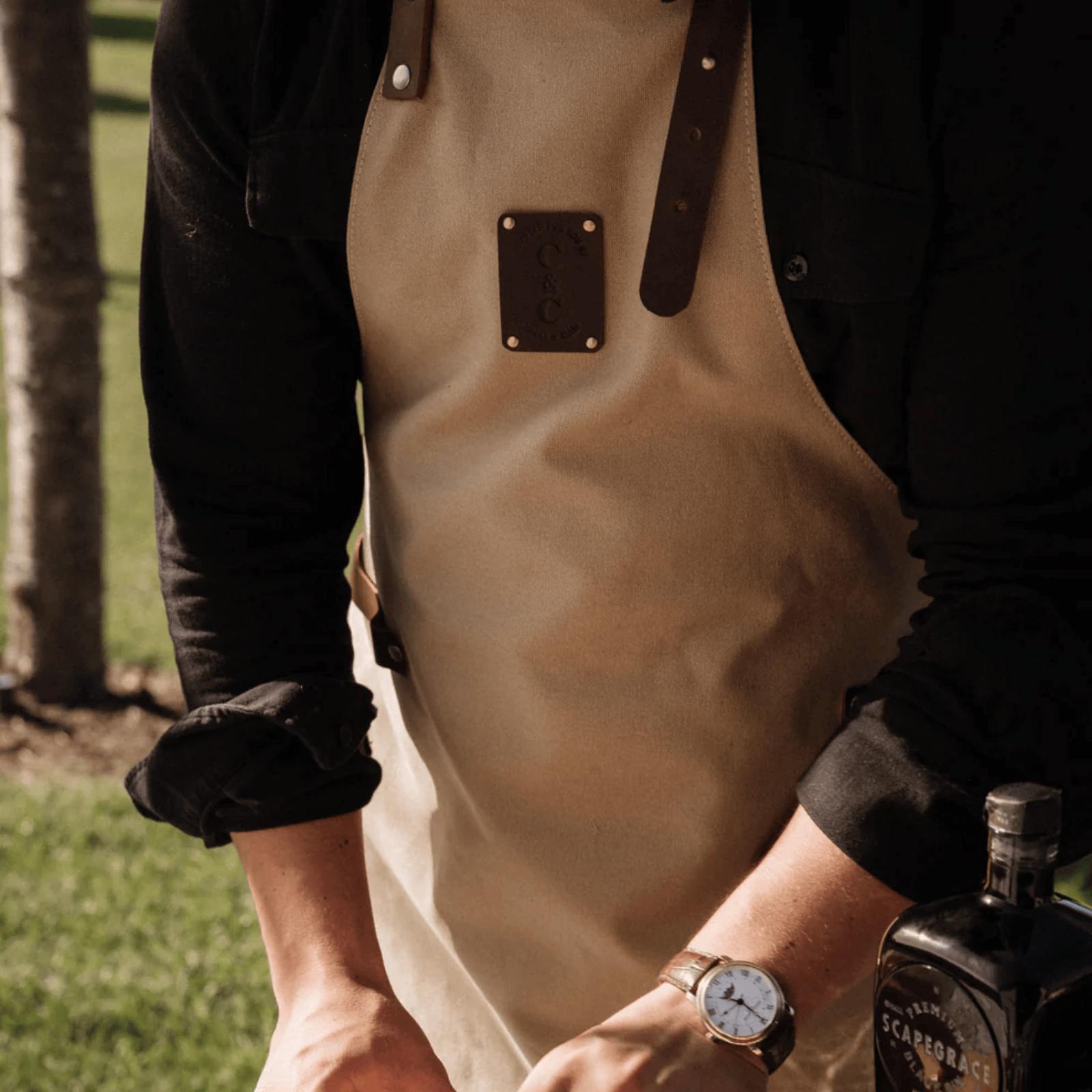 Coral & Cam Canvas Apron Sand with Leather Trims