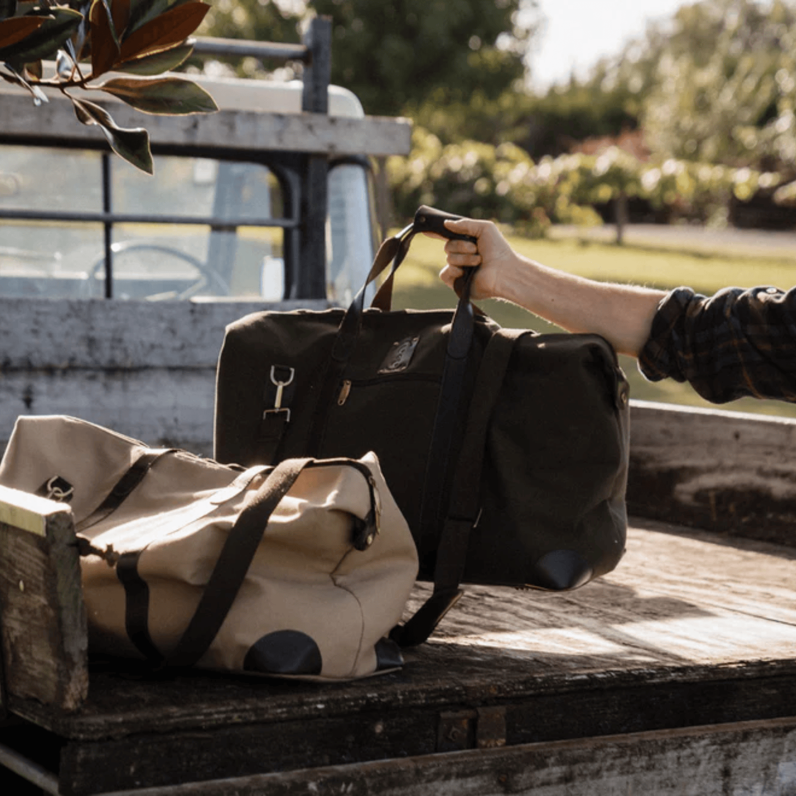 Coral & Cam Weekend Bag Canvas Olive Green Medium with Leather Trims