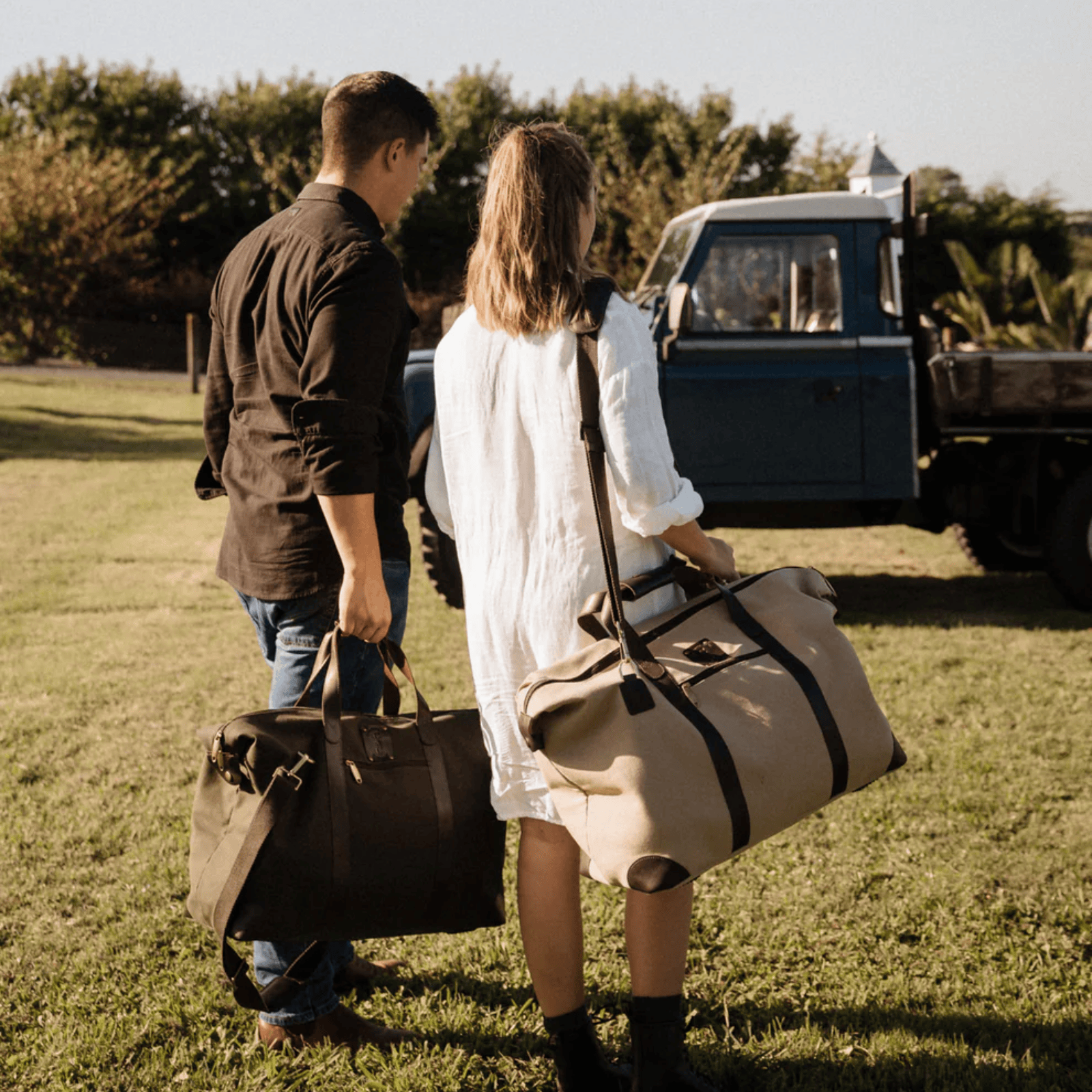 Coral & Cam Weekend Bag Canvas Sand Large with Leather Trims