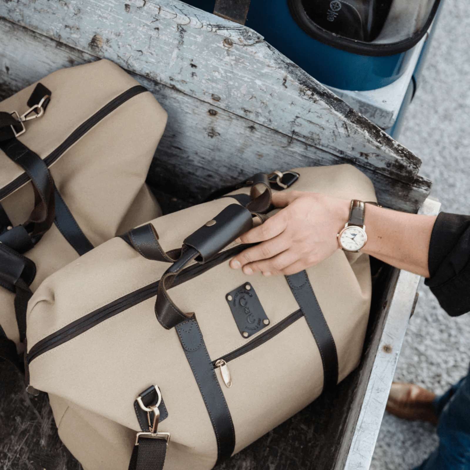 Coral & Cam Weekend Bag Canvas Sand Medium with Leather Trims