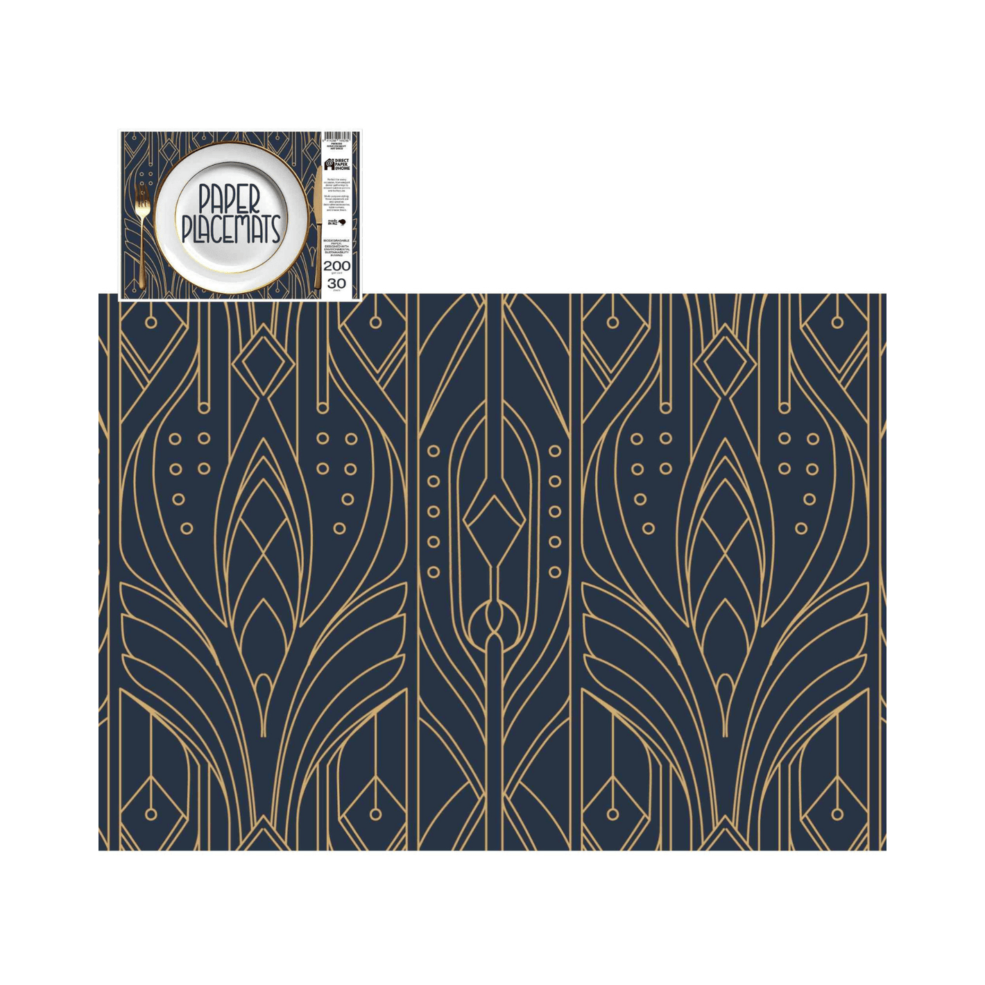 Direct Paper Gold on Navy Art Deco Paper Placemats Pack of 30