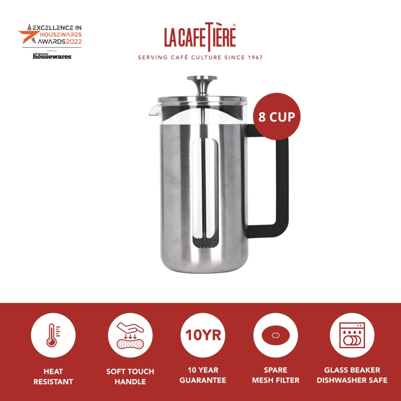 La Cafetiere Pisa Coffee Press 8 Cup Stainless Steel