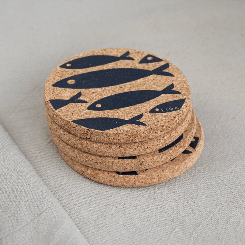 LIGA Cork Coasters Grey Fish Set of 4