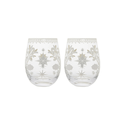 Maxwell & Williams White Christmas Stemless Wine Glass 550ml Set of 2 Silver