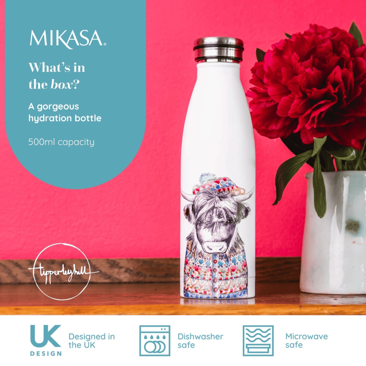 Mikasa x TipperleyHill Water Bottle 500ml Highland Cow