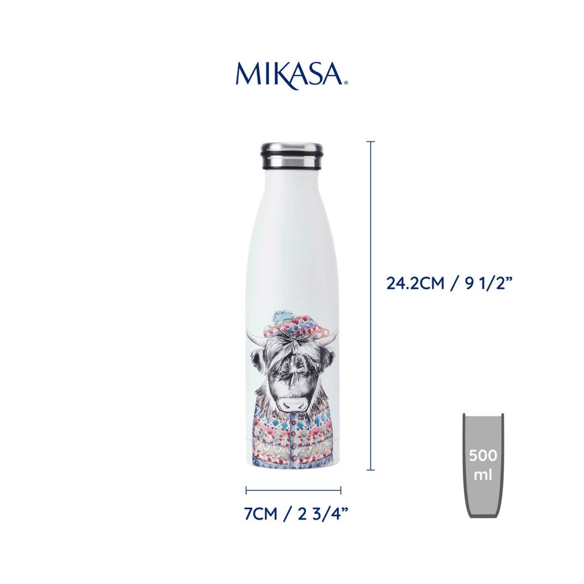 Mikasa x TipperleyHill Water Bottle 500ml Highland Cow