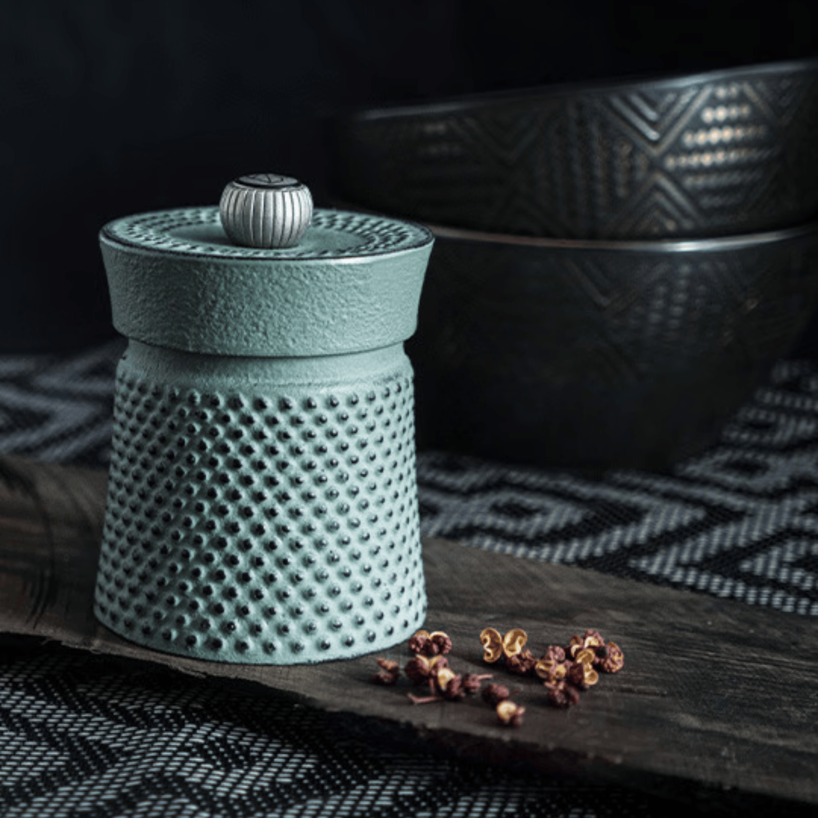 Peugeot Bali Fonte Cast Iron Celadon Green Pepper Mill 8cm