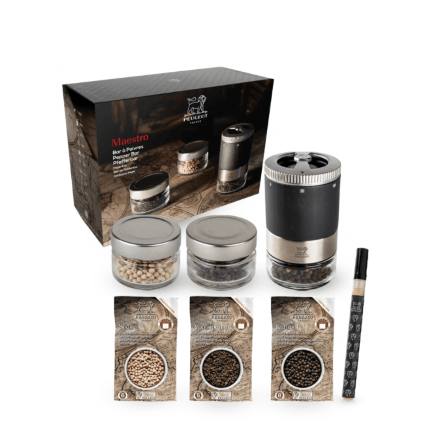 Peugeot Maestro u'Select Pepper Mill Gift Set with 3 Interchangeable Glass Jars