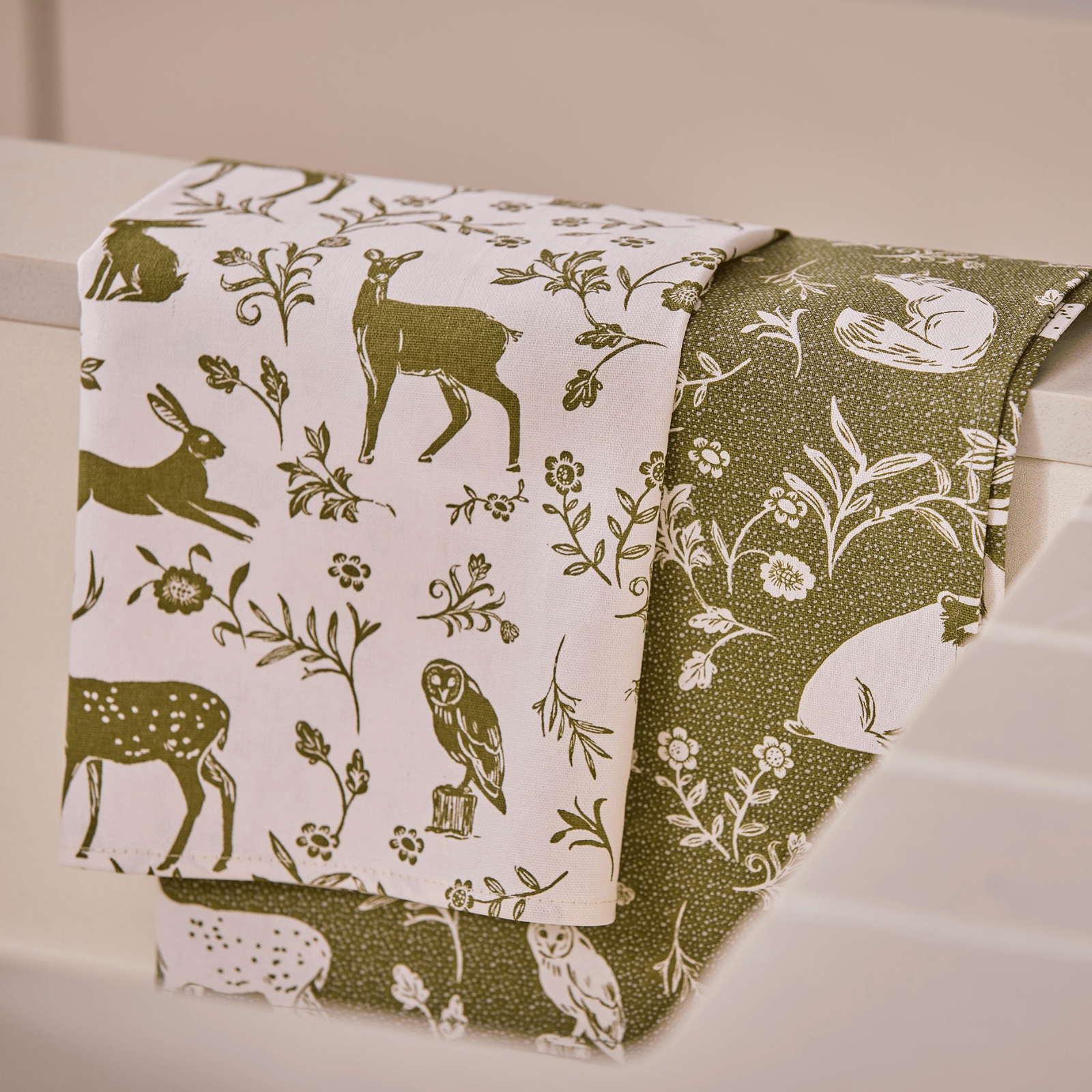 Ulster Weavers Cotton Tea Towel Forest Friends Sage 2-Pack