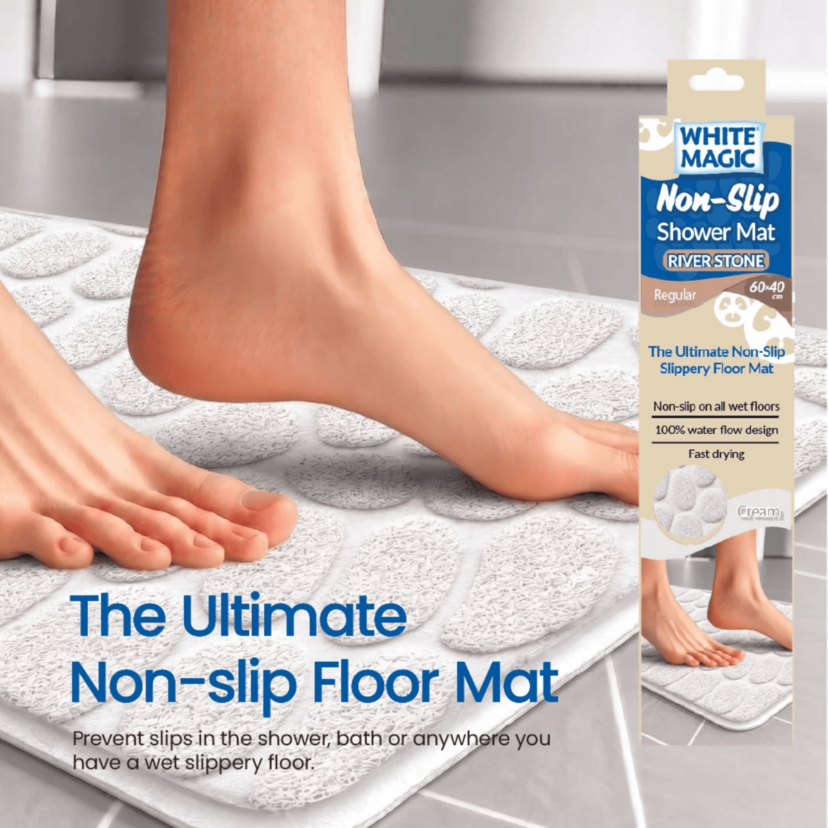 White Magic Non-Slip Shower Mat River Stone Regular Cream