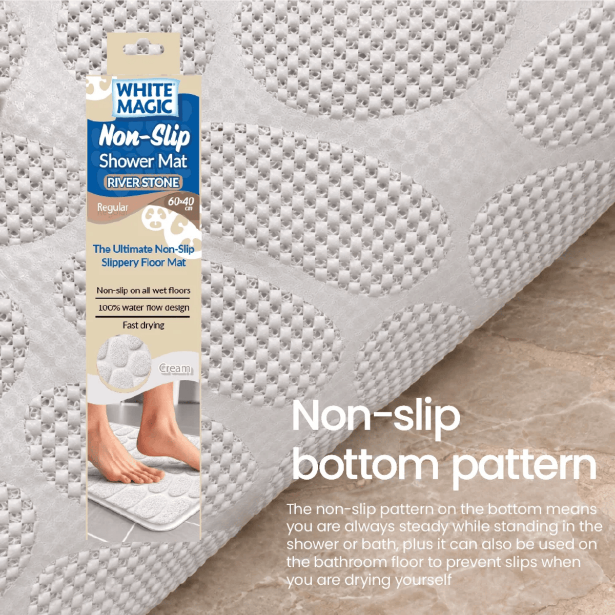 White Magic Non-Slip Shower Mat River Stone Regular Cream