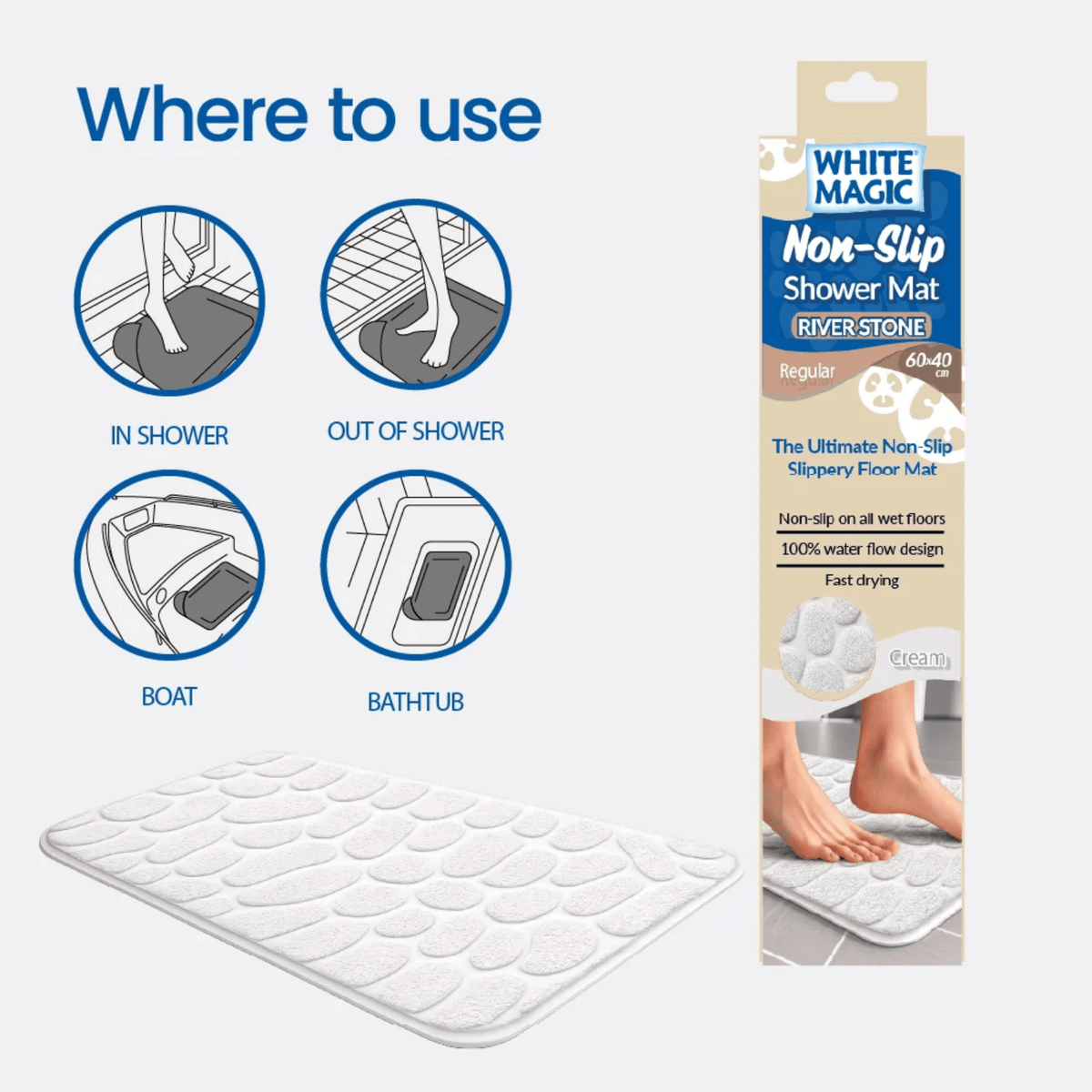 White Magic Non-Slip Shower Mat River Stone Regular Cream
