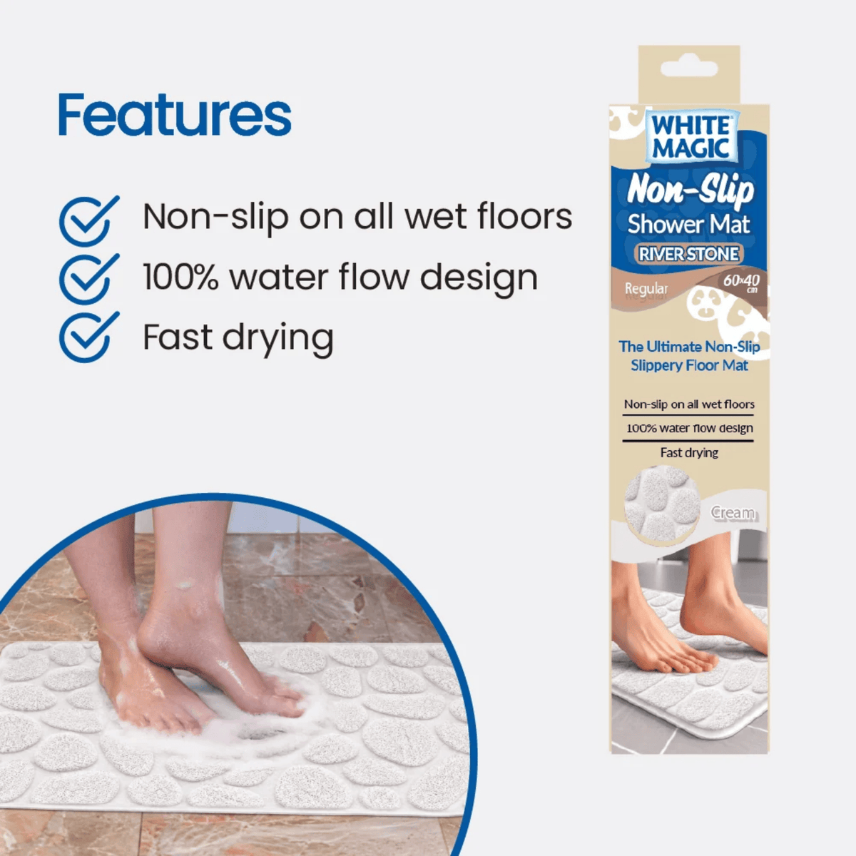 White Magic Non-Slip Shower Mat River Stone Regular Cream