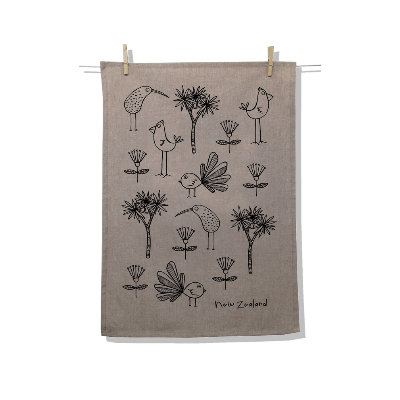 Karen Design Tea Towel Natural 'NZ Birds'