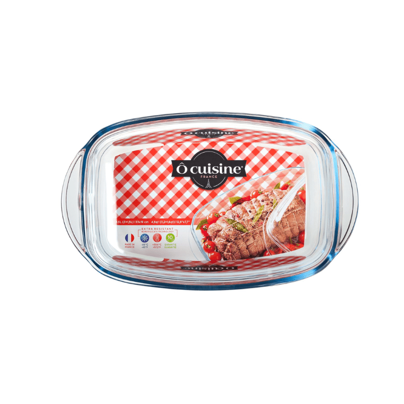 O'Cuisine Borosilicate Glass Rectangular Casserole with Lid 37cm x 22cm 6.5L