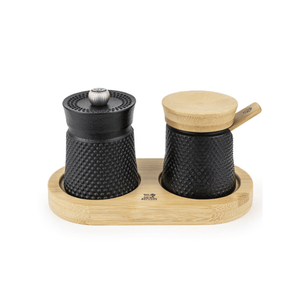 Peugeot Bali Fonte Cast Iron Black Pepper Mill 8cm + Salt Cellar + Tray Gift Set